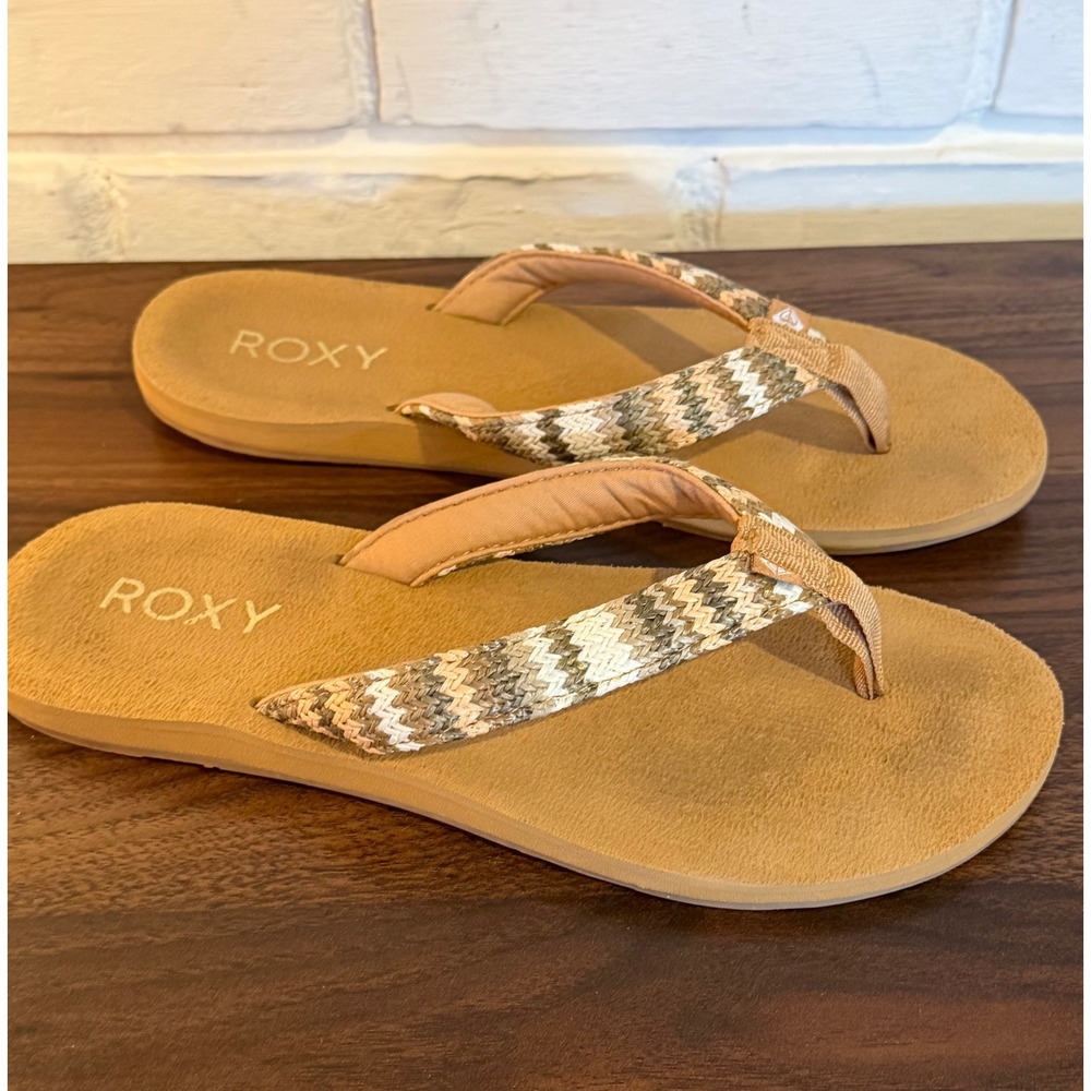 Roxy Womens Tan Woven Chevron Strap Thong Flip Flop Sandals Beach Boho Size?